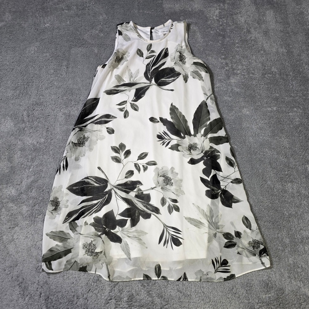 Calvin Klein Womens 6 Shift Dress White Black Floral Chiffon Sleeveless Lined